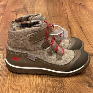 See Kai Run hi-top kids boots. Oatmeal with brown trim and red accents. Size 1